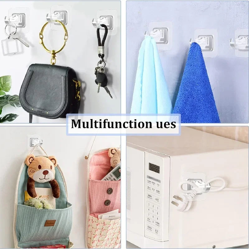 Set of two no-drill adhesive curtain rod brackets shown with various fabric items and a white cabinet.