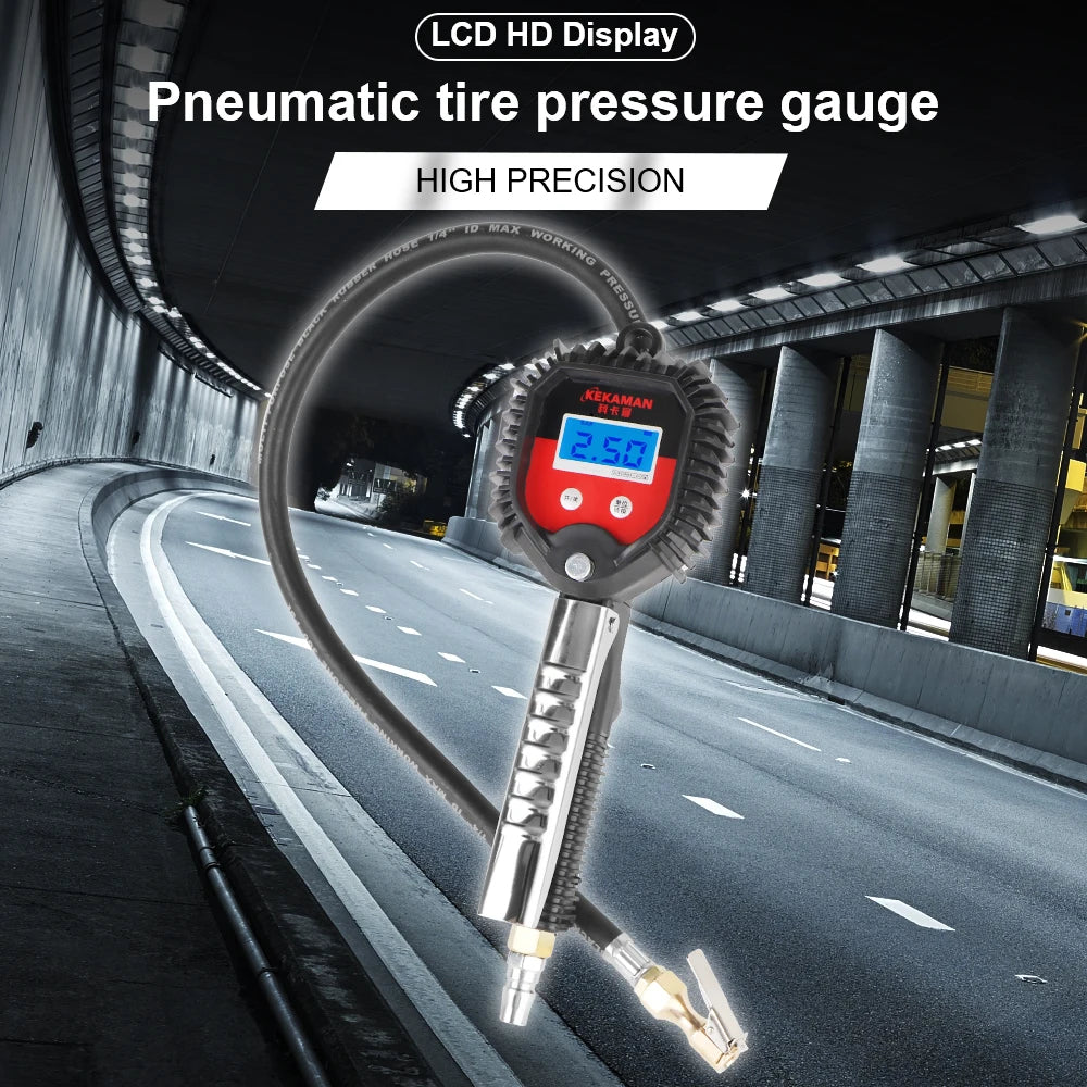 A close-up view of a pneumatic tire pressure gauge with an LCD display and inflation gun, set against a backdrop of a road.