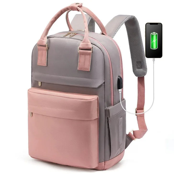 Women's Nylon Waterproof Casual Backpack with USB Port, Fits 15.6 Inch Laptop