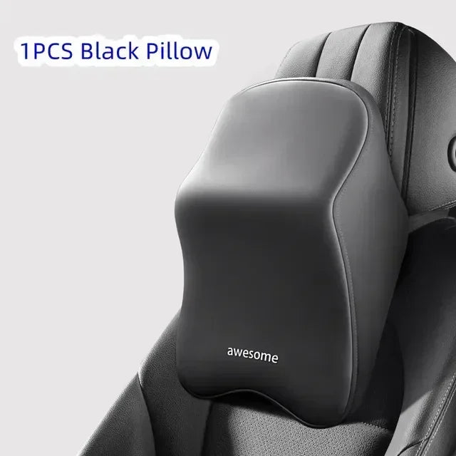 A single black memory foam pillow designed as a car headrest and lumbar support cushion.