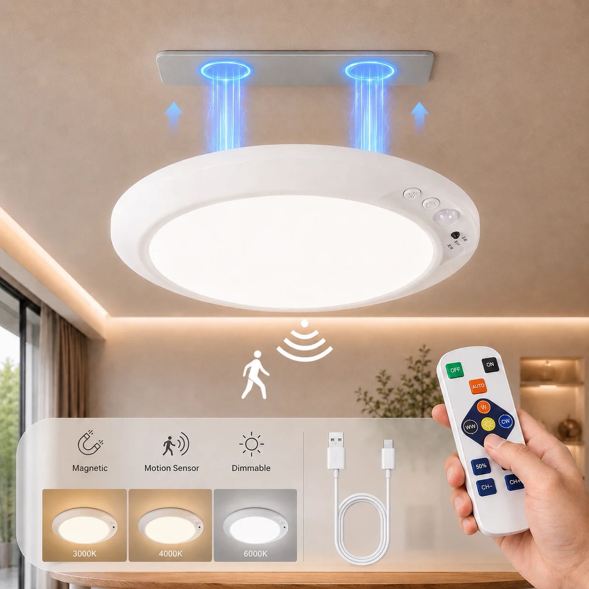 A white motion sensor ceiling light fixture is mounted on a ceiling, with control buttons and light options visible below.