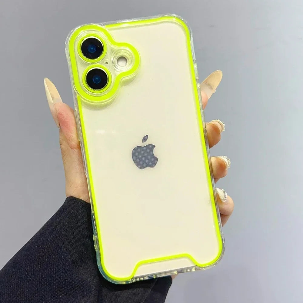 A hand holds a clear phone case with neon green accents and a glow-in-the-dark finish for an iPhone.
