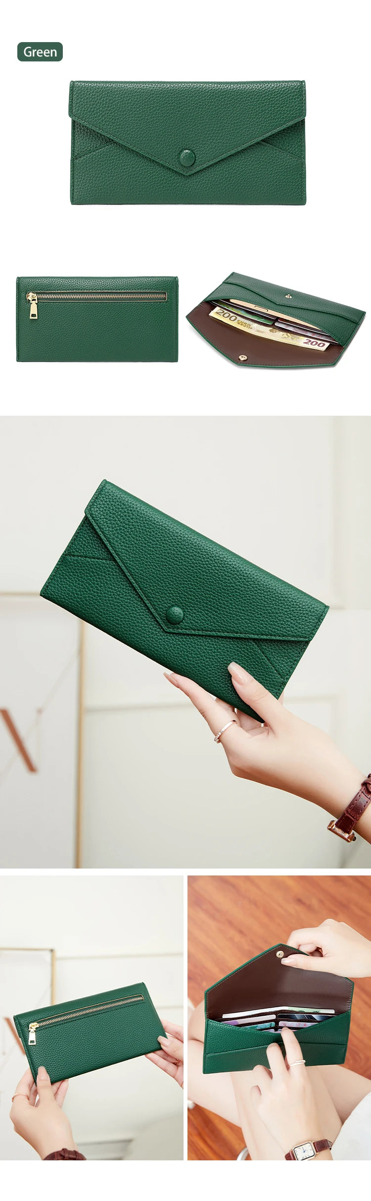 A dark green slim wallet made of PU leather with card slots shown in various angles.