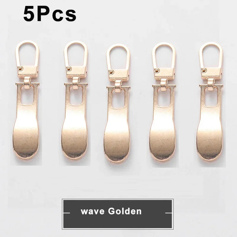 Five gold wave metal zipper pull sliders for luggage, bags, and jackets
