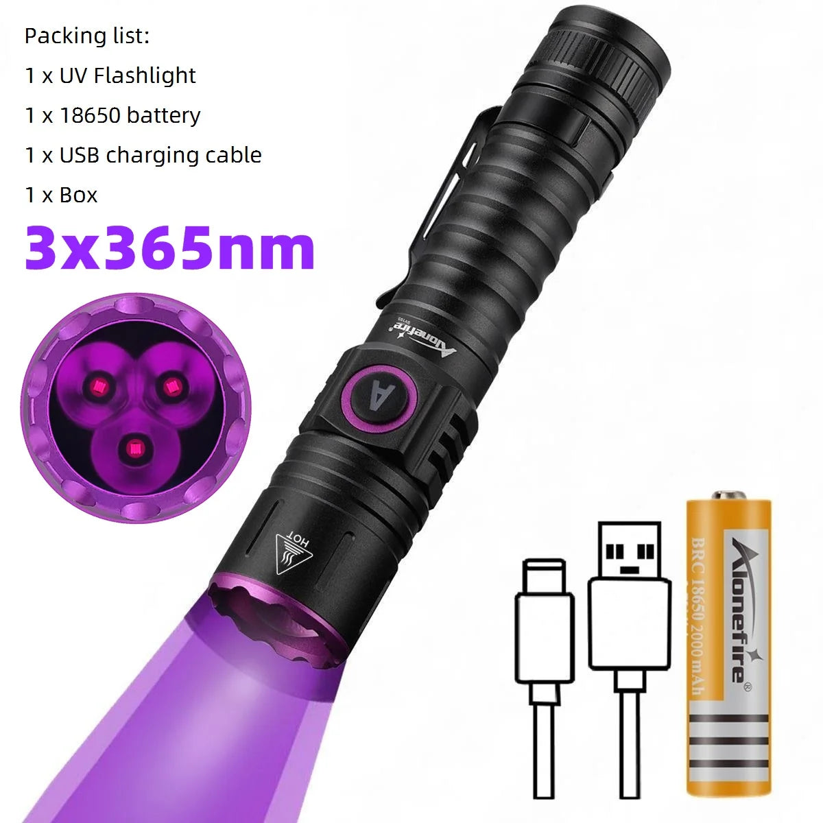 A purple UV flashlight with a lens and battery components shown next to the device.