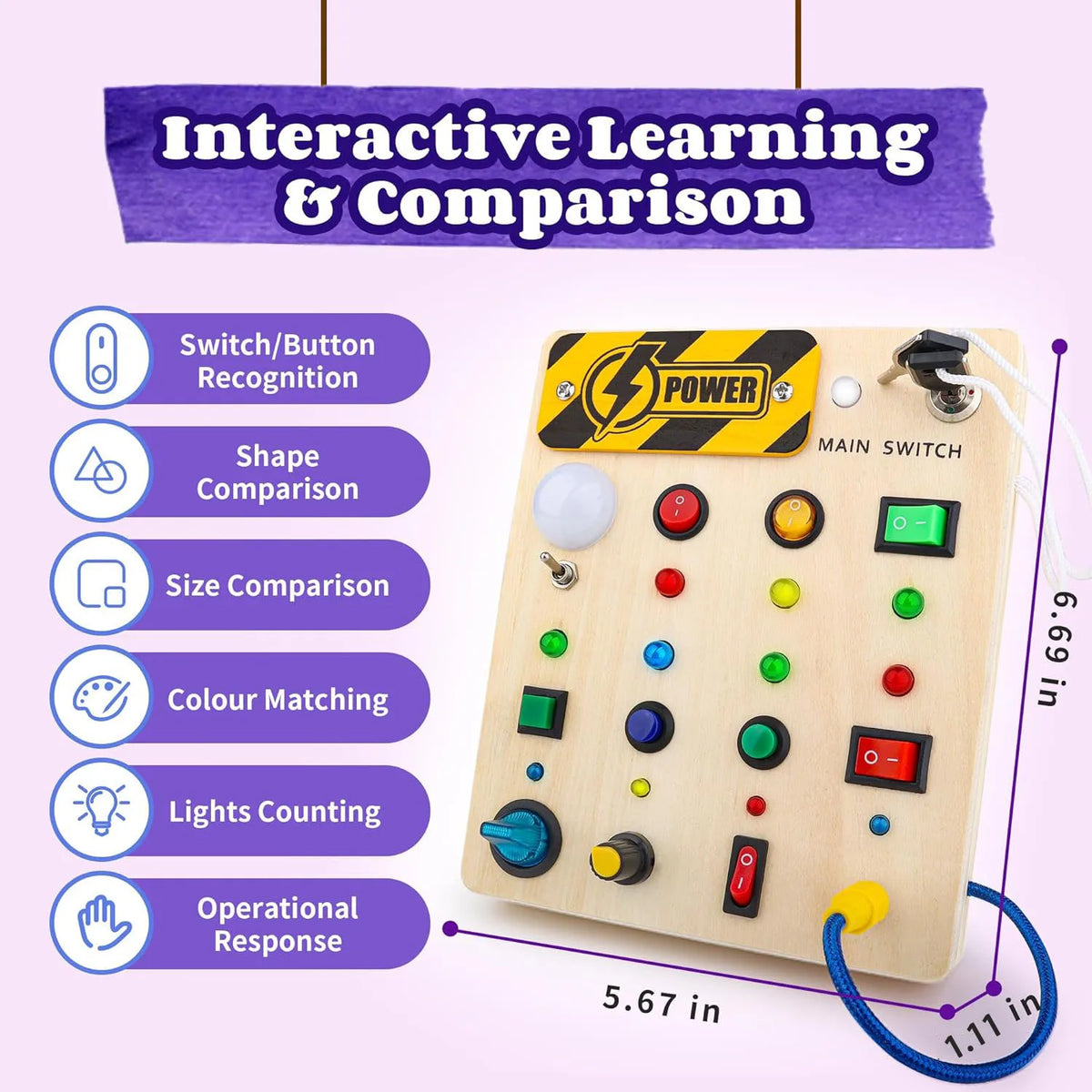 Montessori Wooden Busy Board with LED Switch Controls