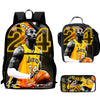 A set of black basketball backpacks featuring Los Angeles Lakers players and team graphics.