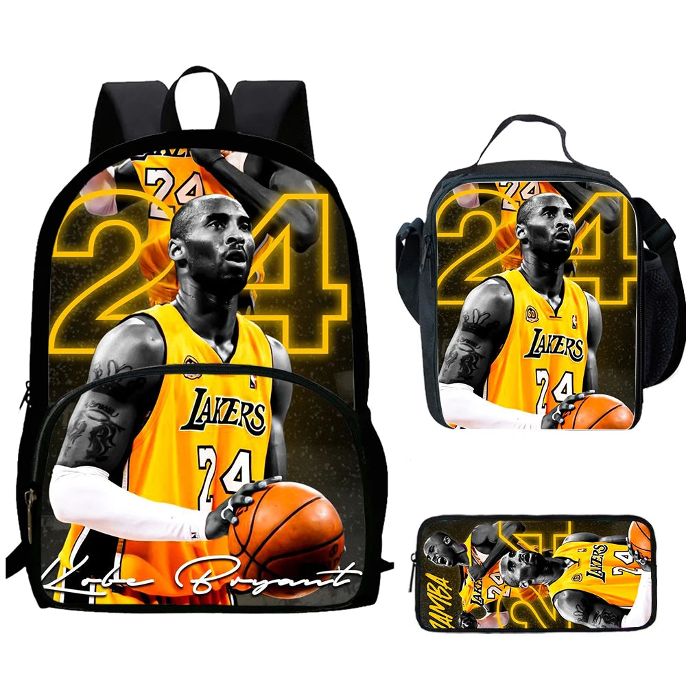 A set of black basketball backpacks featuring Los Angeles Lakers players and team graphics.