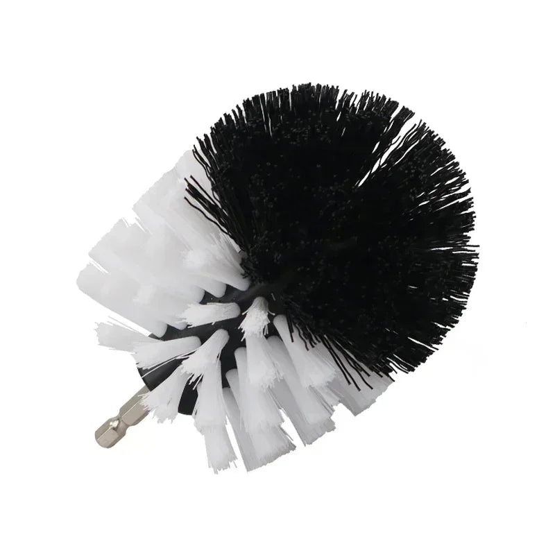 A drill brush cleaning set with black and white bristles for tiles, bathroom, or car cleaning.