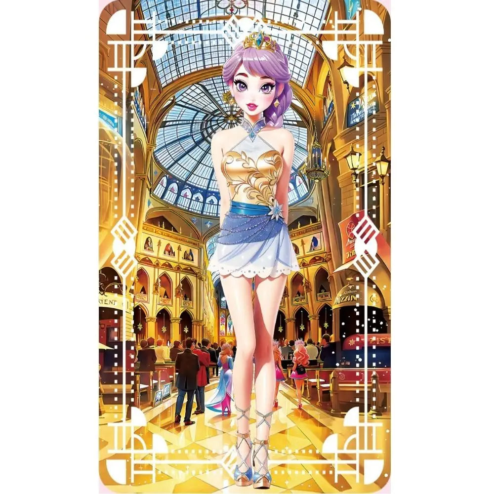 A stylized illustration of a princess character in a gold and blue dress standing in an ornate, light-filled setting.