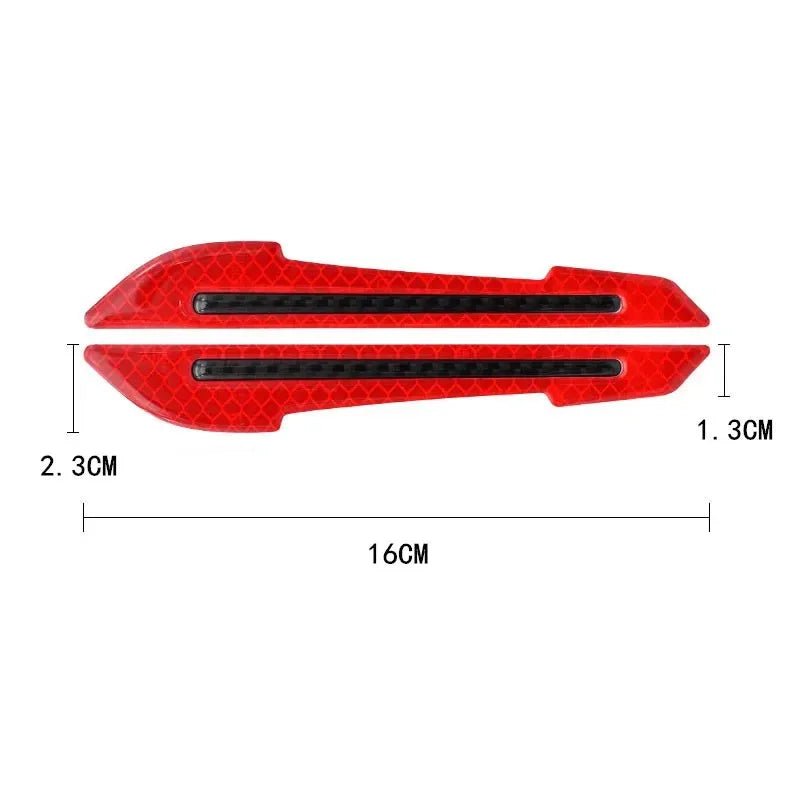 Two red reflective glow-in-the-dark bumper strips for car mirrors, measuring 16cm long and 3cm high.