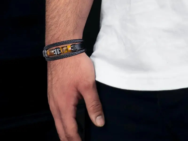 Tiger Eye & Black Leather Men's Bracelet