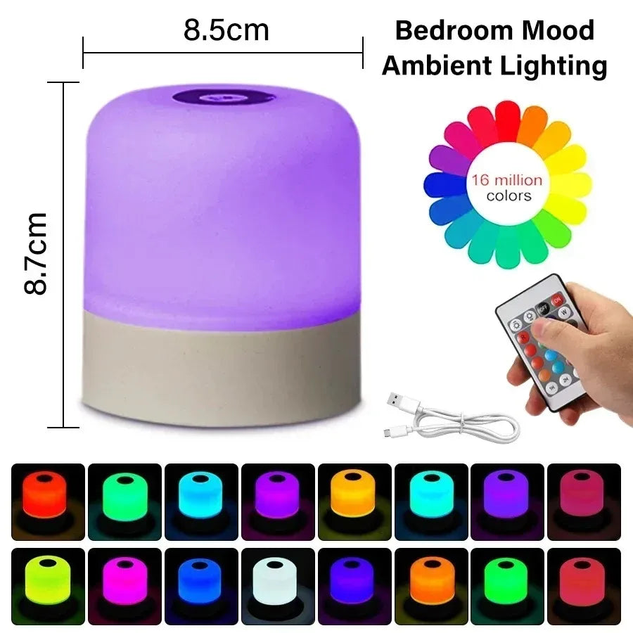 A purple and beige rechargeable touch and remote control RGB night light with various color options displayed.