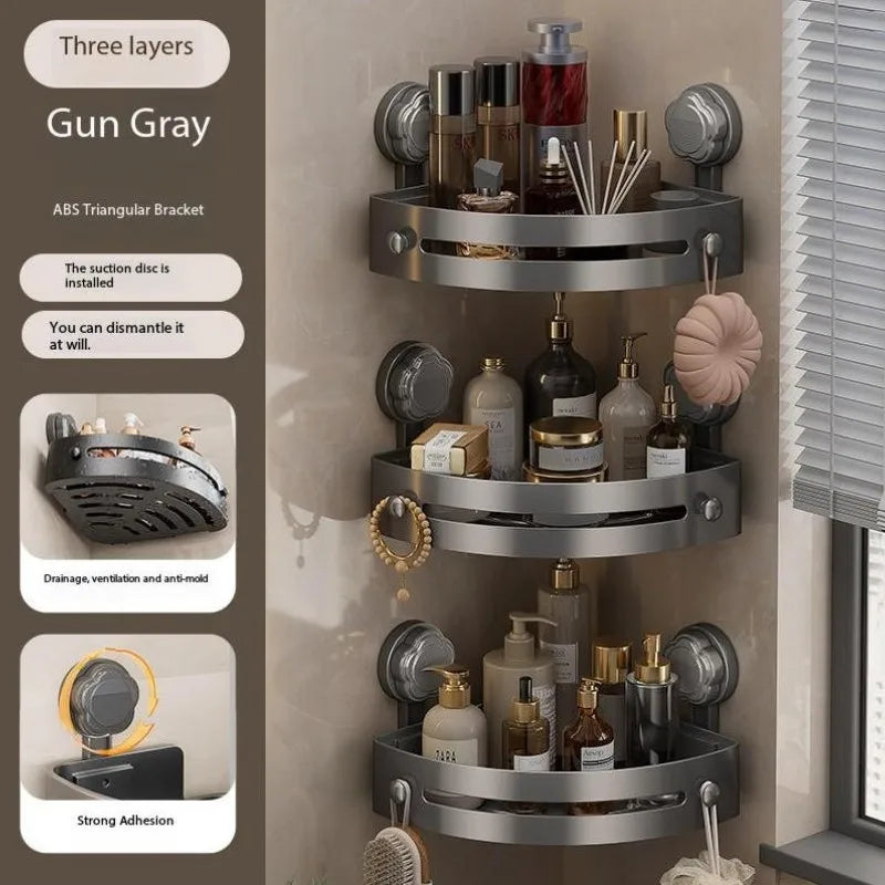 A three-tier gun gray bathroom organizer featuring suction cup brackets for shower and bath storage.