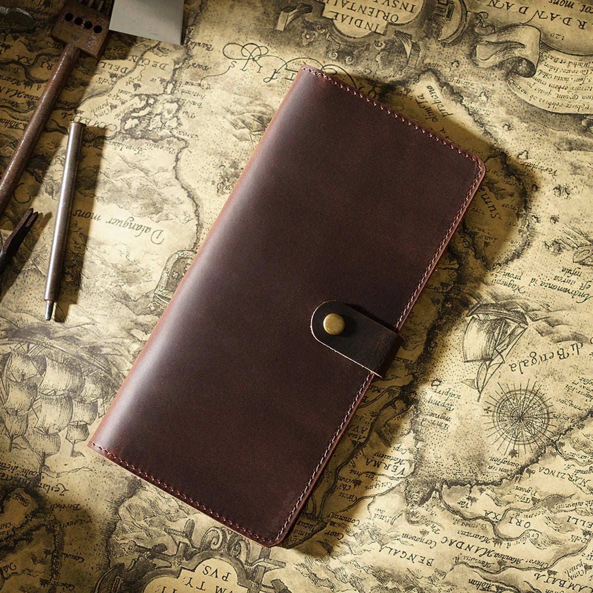 Vintage Leather Long Bifold Wallet with Snap Closure