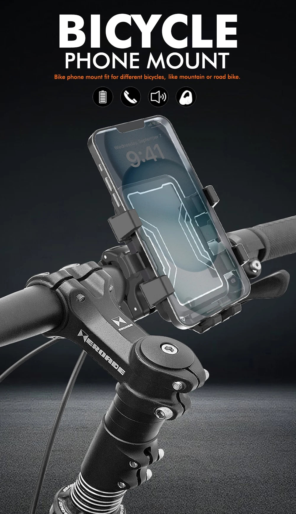 A clear phone mount is attached to a bicycle handlebar, demonstrating its use for mounting a smartphone.