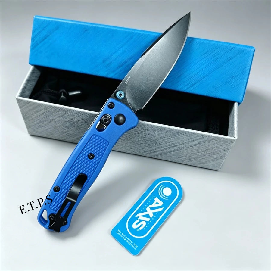 A silver folding pocket knife with a blue handle is displayed inside a blue box.