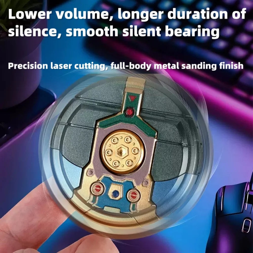 A hand holds a clear, round fidget toy with a metal and plastic design, showing precision laser cutting and sanding finish.