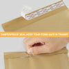 A hand is shown sealing a kraft paper mailer with a clear adhesive strip to ensure tamperproof sealing for transit.