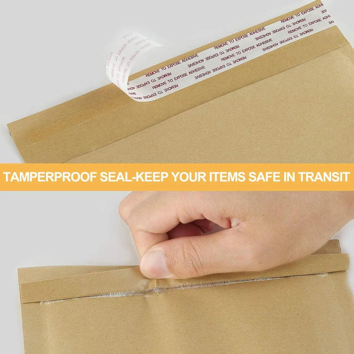 A hand is shown sealing a kraft paper mailer with a clear adhesive strip to ensure tamperproof sealing for transit.