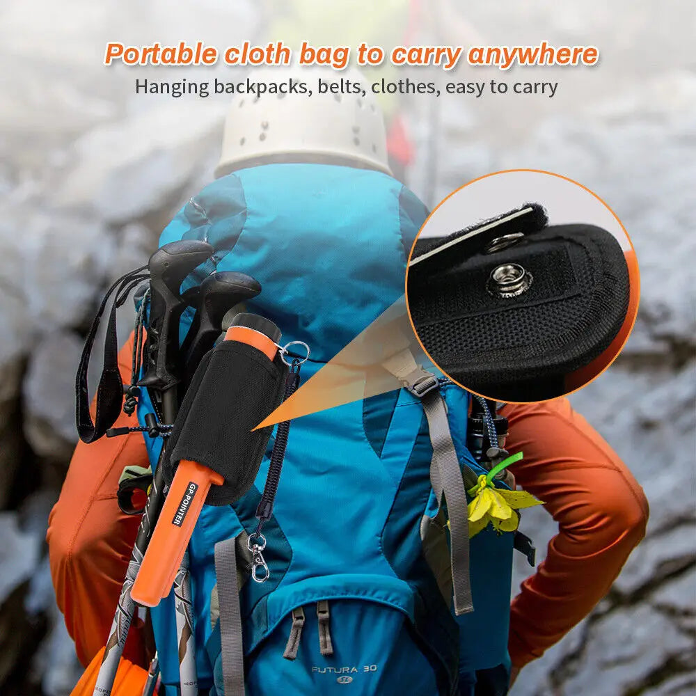 A blue backpack is shown with a portable cloth bag attached, demonstrating how to carry items easily.