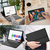 A black detachable wireless keyboard case for an iPad, shown next to a laptop and a tablet.