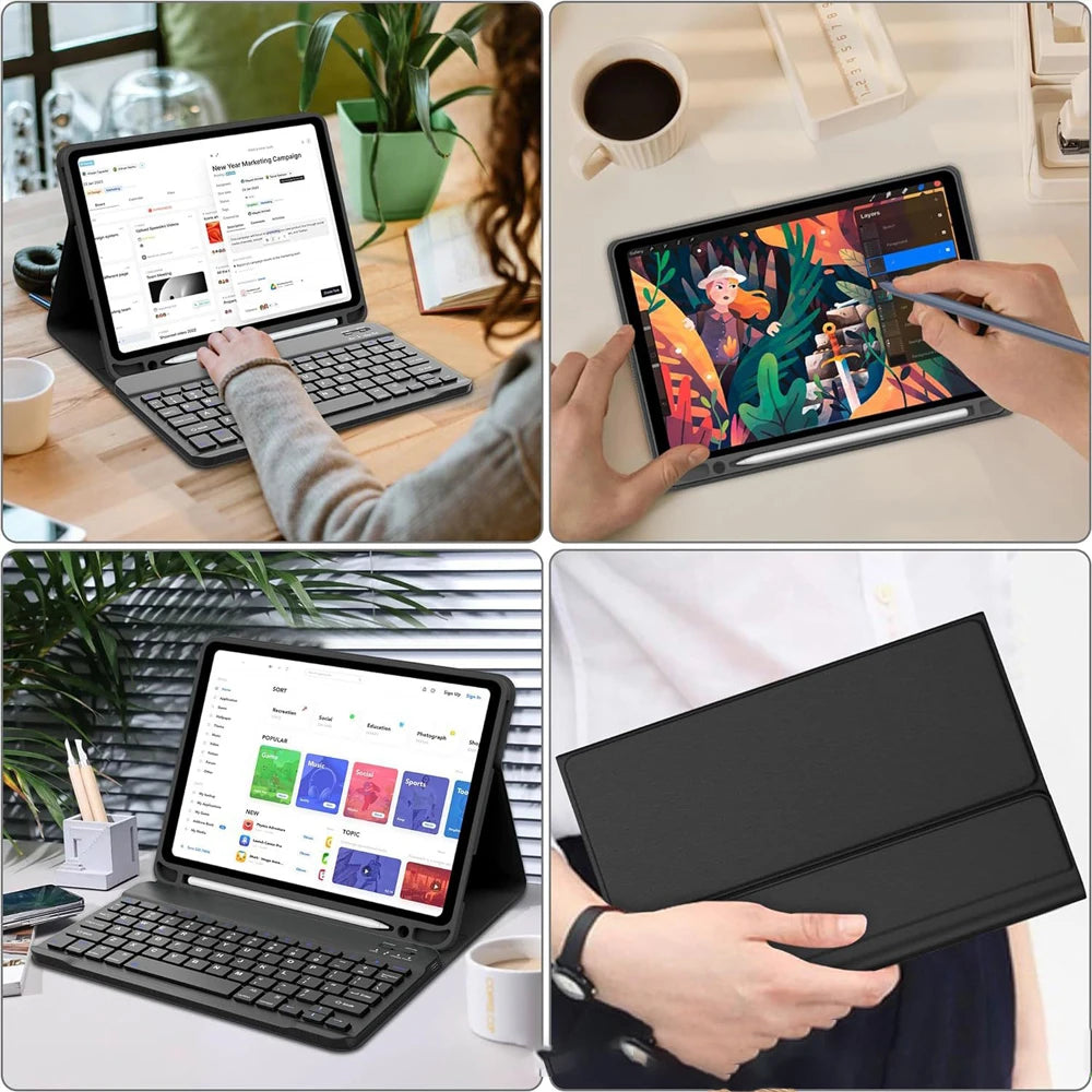 A black detachable wireless keyboard case for an iPad, shown next to a laptop and a tablet.