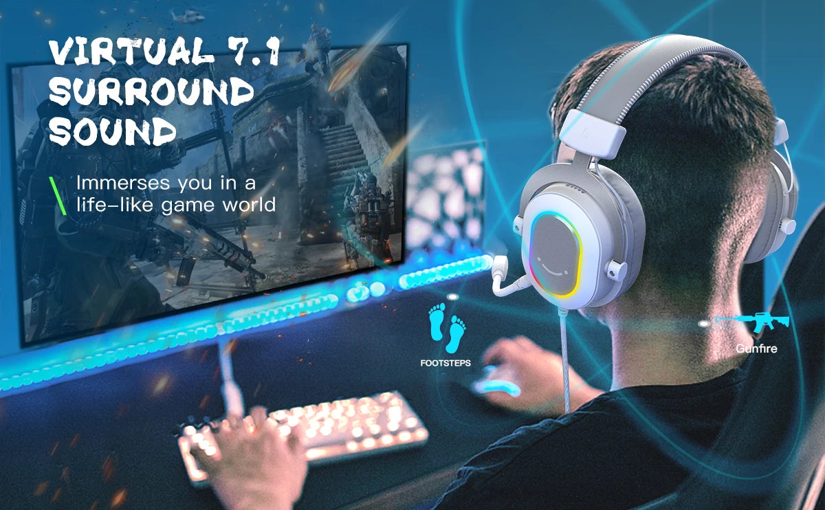 RGB Gaming Headset with 7.1 Surround Sound and Detachable Microphone