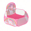 Pink foldable ball pit with a rainbow theme and basketball hoop for kids