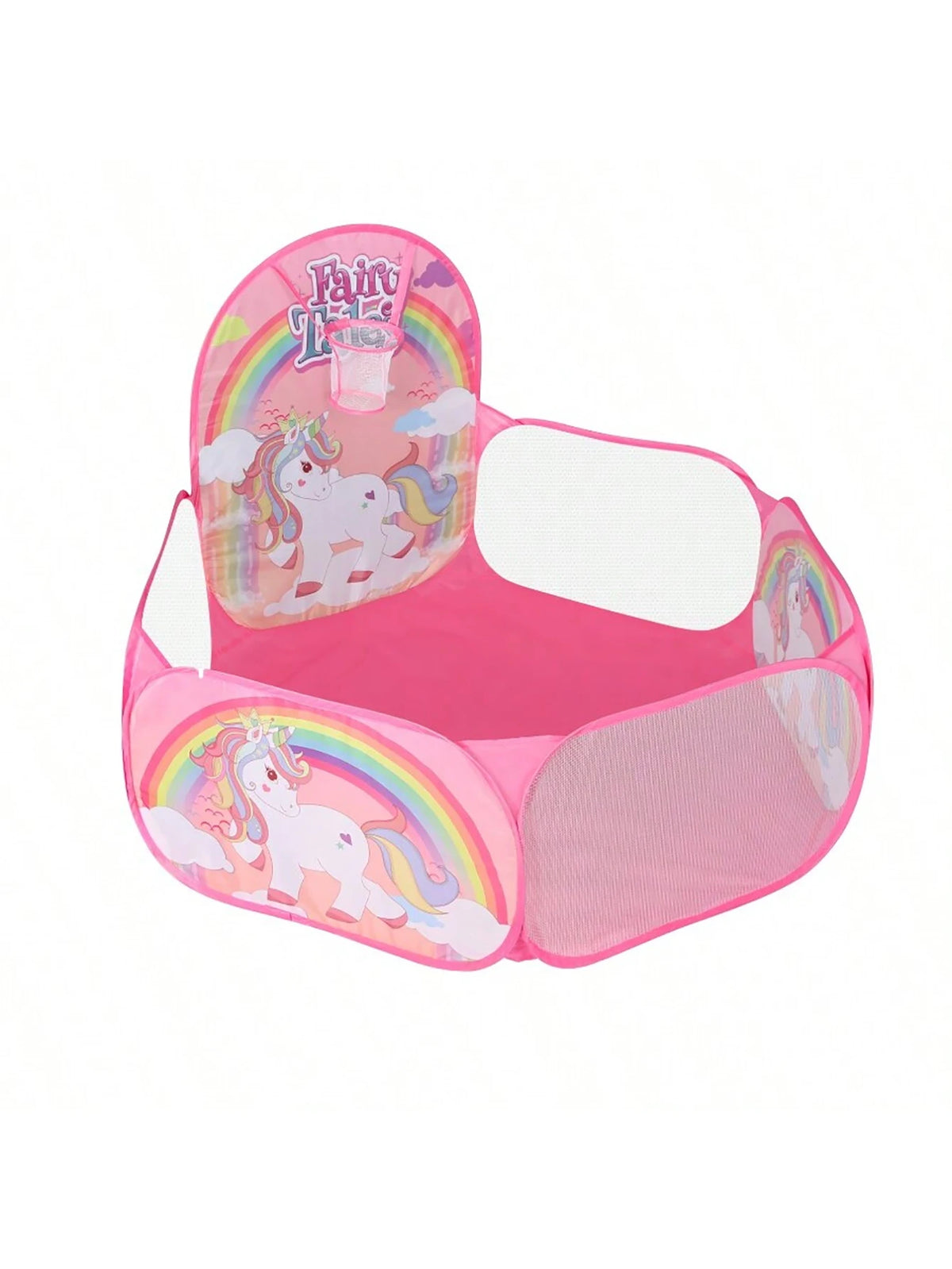 Pink foldable ball pit with a rainbow theme and basketball hoop for kids