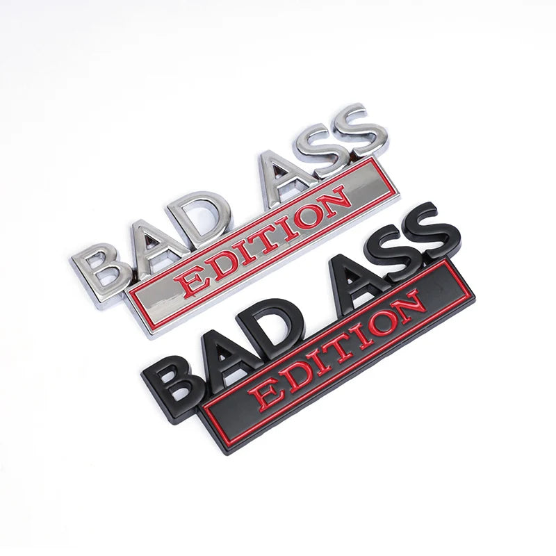 A set of three 3D metal chrome badge emblems with the text BAD ASS EDITION on a black and silver background.