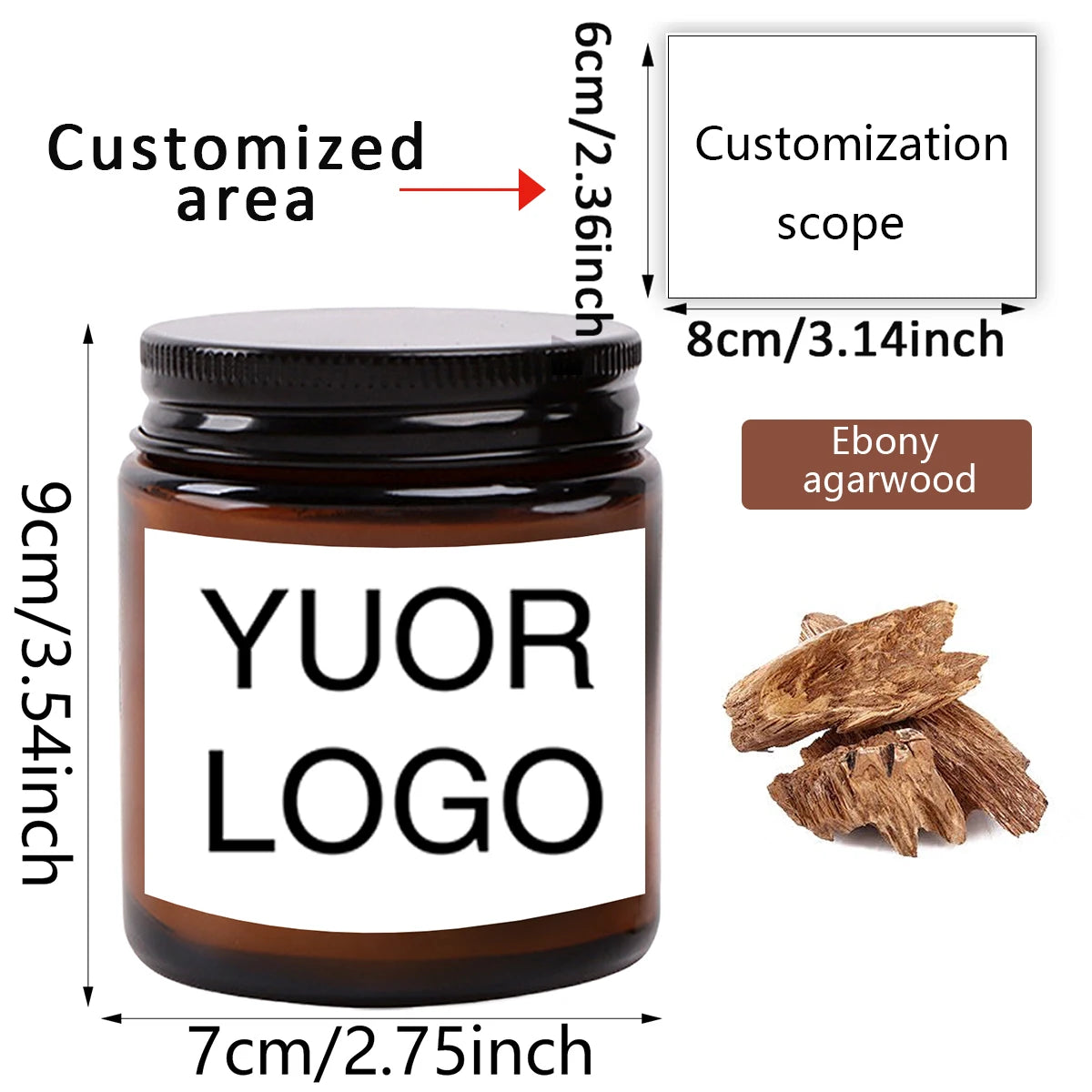 A dark glass jar with a black lid containing ebony agarwood, featuring a custom logo label and a specified customization area
