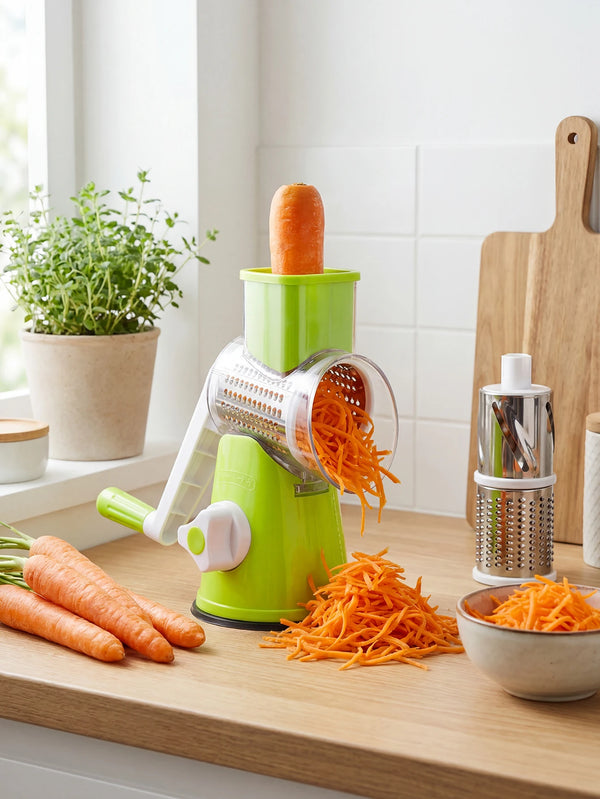 Multi-Function Rotary Cheese Grater with Suction Base and Round Mandoline Slicer