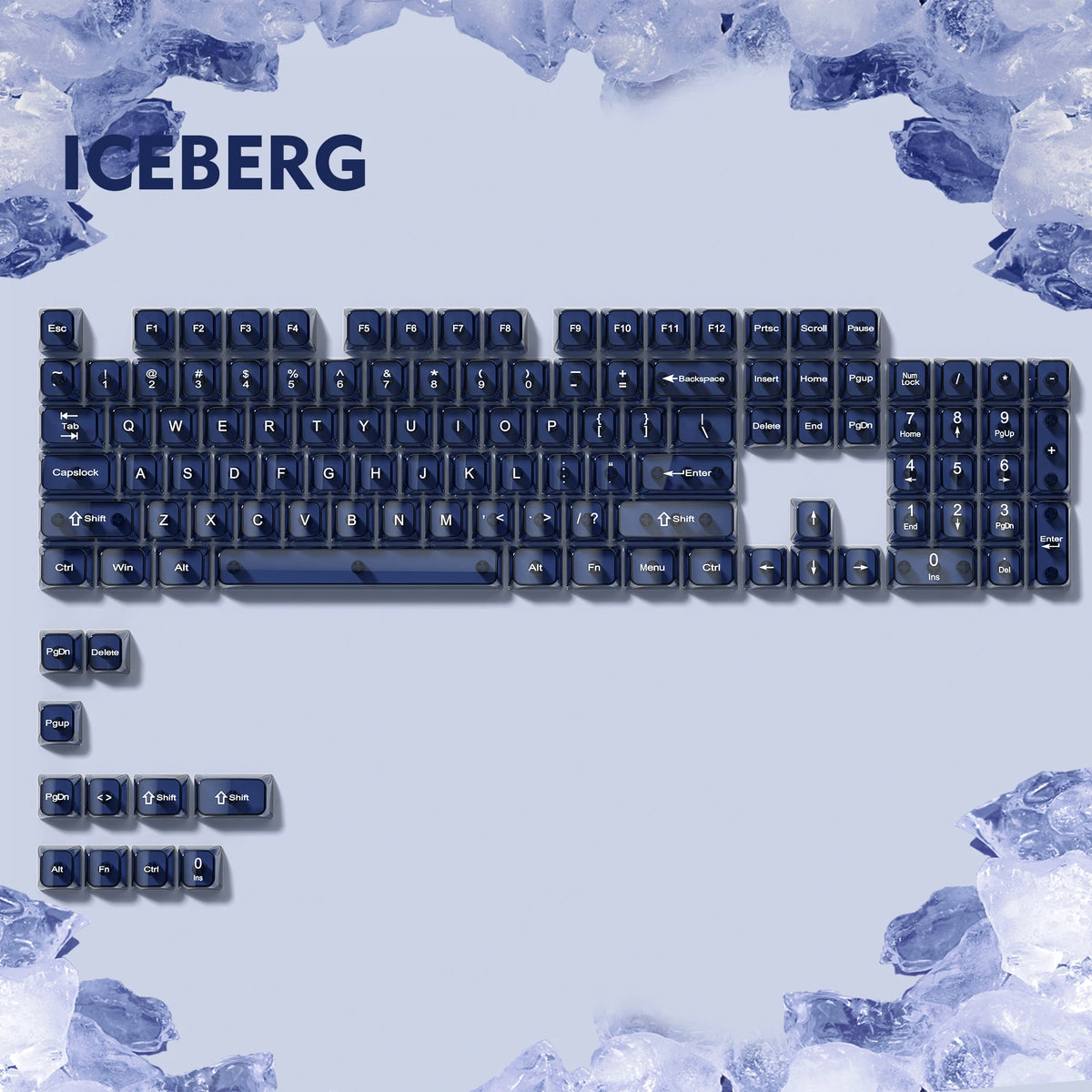 A close-up view of a full 115-key mechanical keyboard featuring crystal clear keycaps and RGB backlighting against a light bl