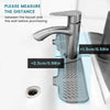 A silicone faucet mat is shown next to a kitchen faucet, illustrating the required distance for purchase.