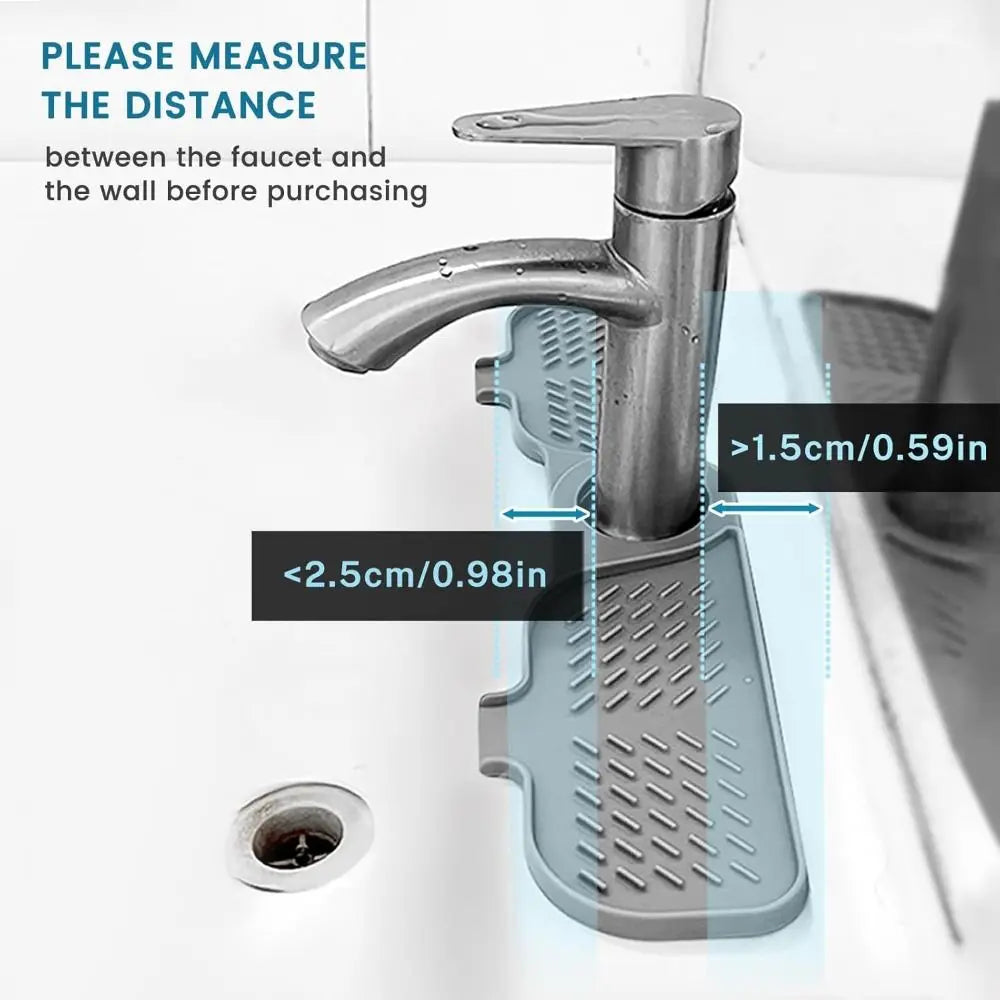 A silicone faucet mat is shown next to a kitchen faucet, illustrating the required distance for purchase.