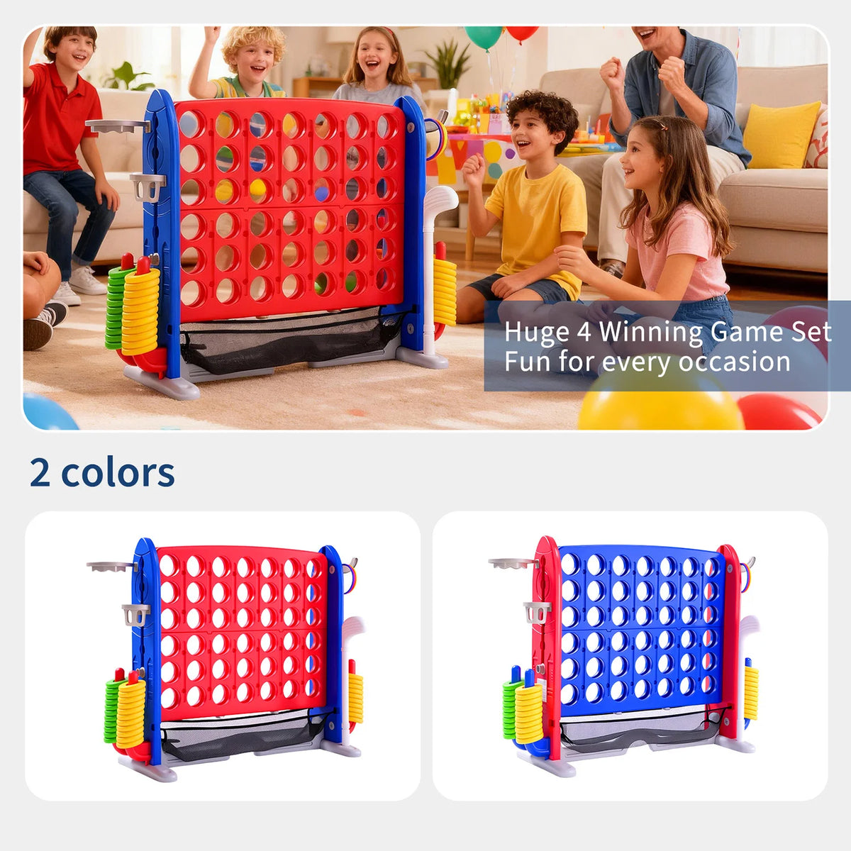 A set of red and blue outdoor game equipment including a basketball hoop and ring toss for fun.