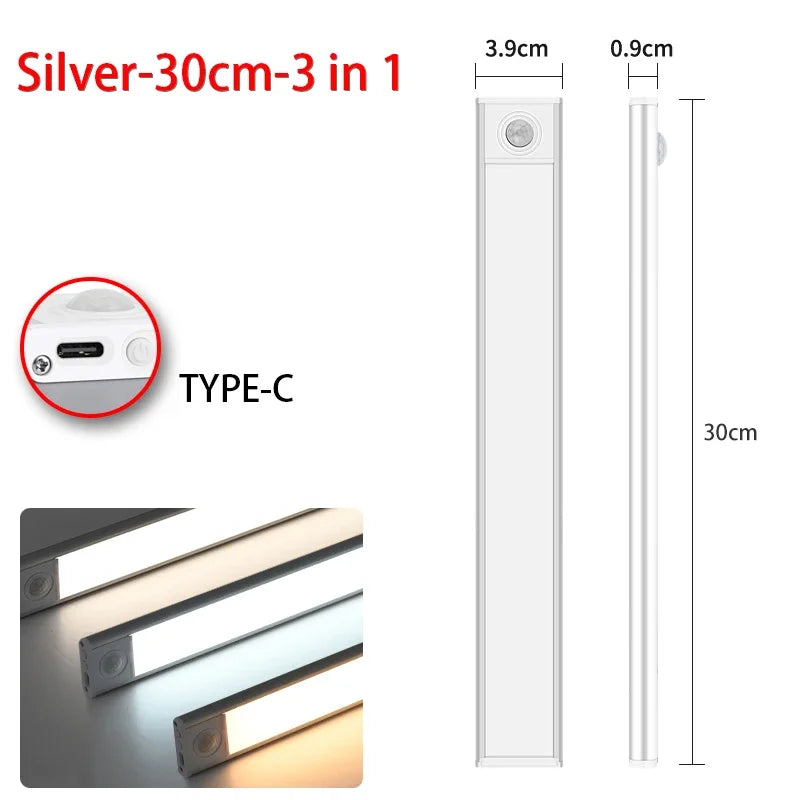 Silver LED motion sensor light fixture with a Type-C connection and 30cm length.