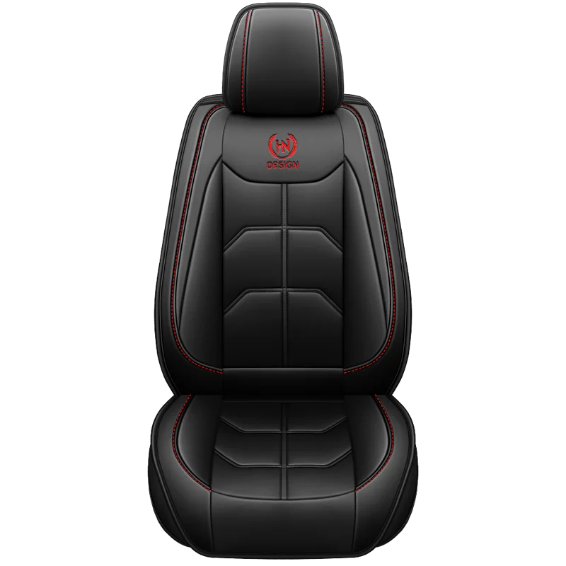 Black universal PU leather car seat cover with red stitching and a design logo