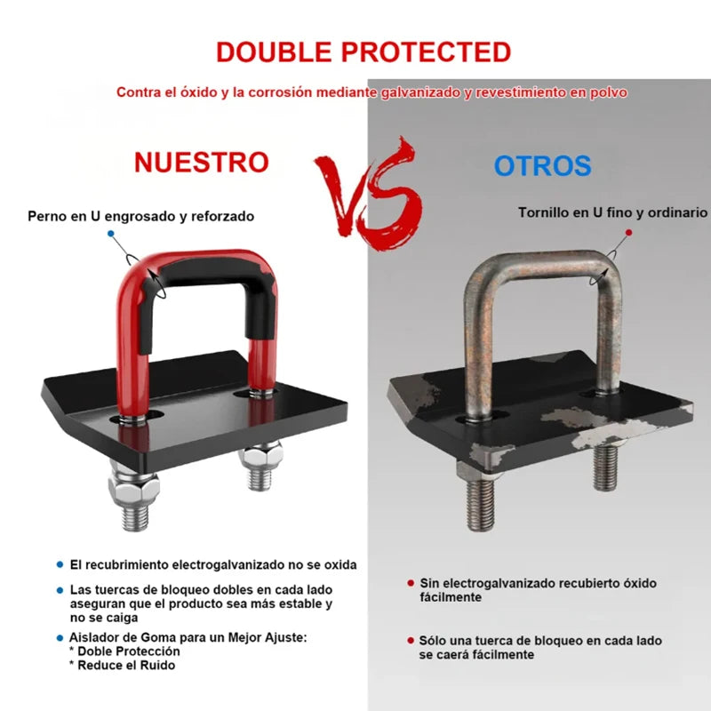 Comparison of a double-protected U-bolt pin versus a standard U-bolt screw for trailer stabilization.