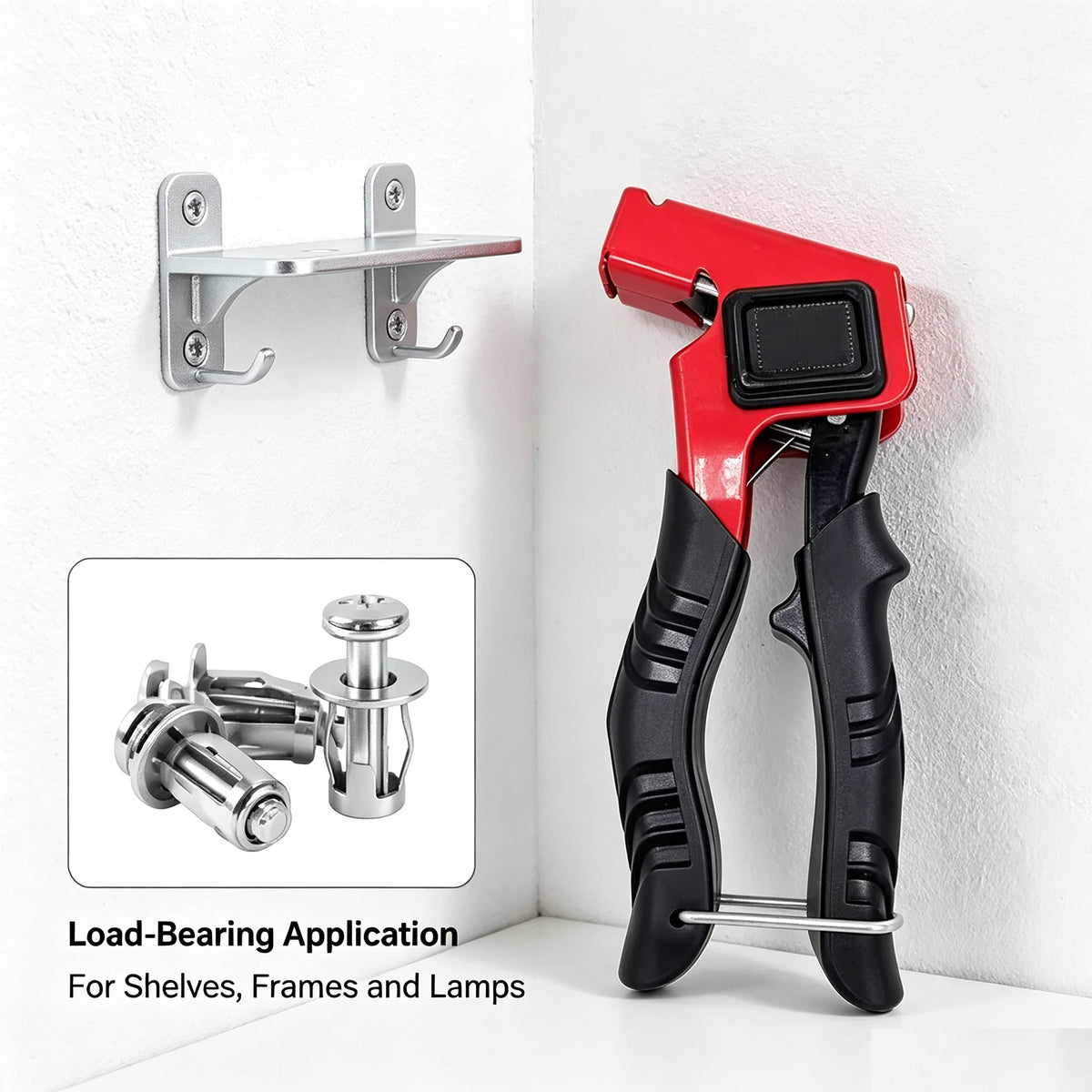 A red hand riveter tool is shown next to a silver mounting bracket and a kit of rivet nuts.