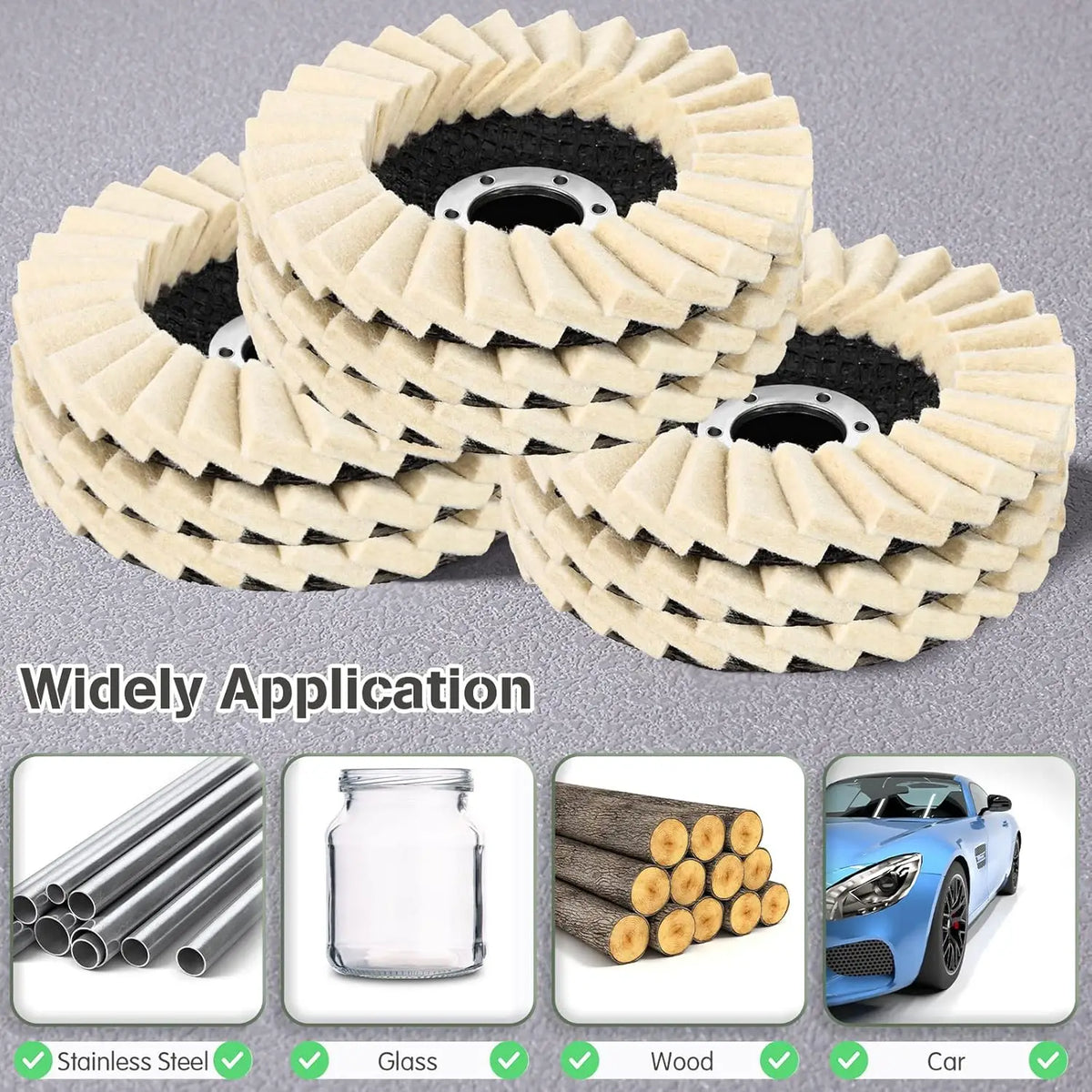 A set of wool polishing wheels or buffing pads stacked on a gray surface, demonstrating their wide application for various ma