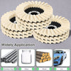 A set of wool polishing wheels or buffing pads stacked on a gray surface with application icons for stainless steel, glass, w