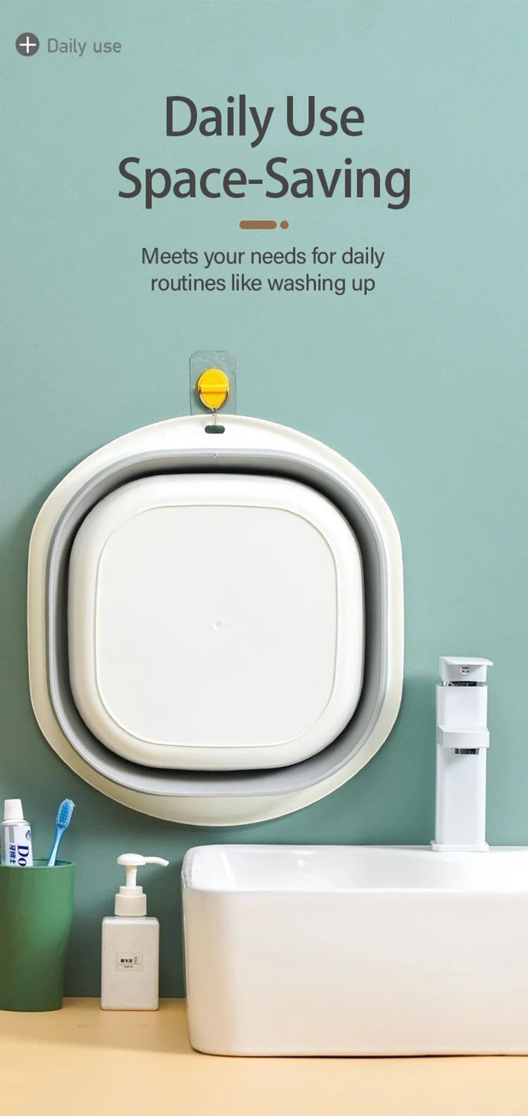 A white fold-down plastic wash basin is shown mounted above a white sink, illustrating daily use space-saving features.