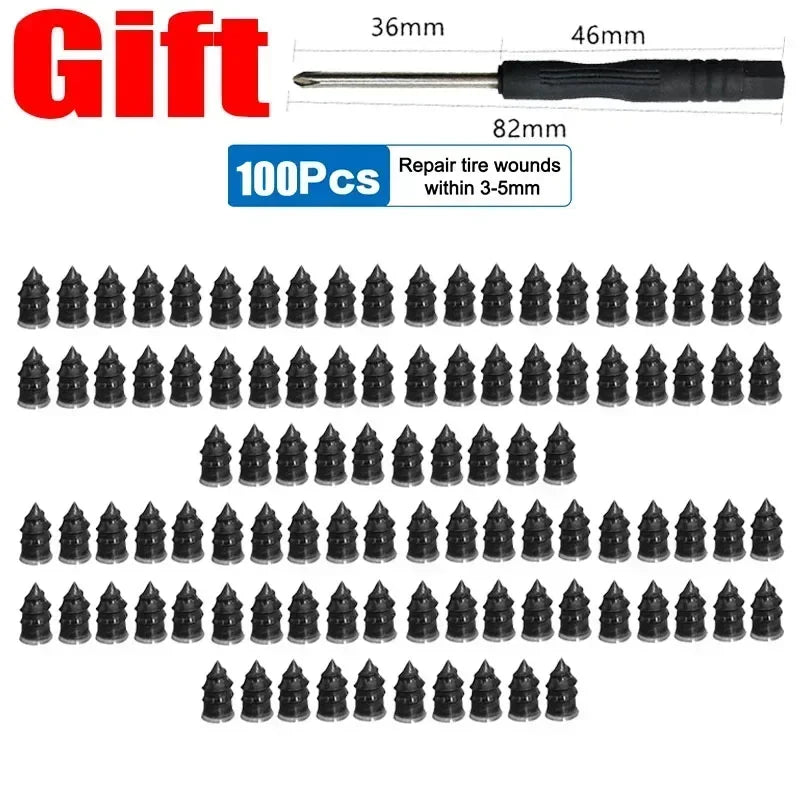 A set of self-repair rubber tire puncture nails with various sizes and a repair tool.