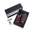 A black box contains carbon fiber motorcycle handlebar mirrors with blue lenses and an aluminum alloy mounting.