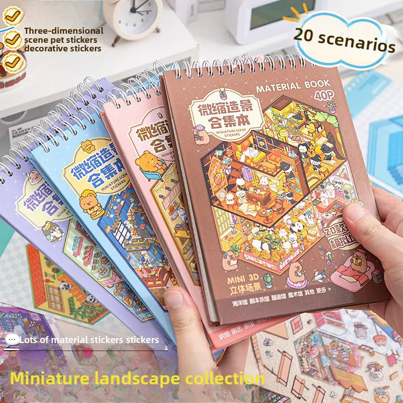 A collection of 40 three-dimensional landscape stickers in a brown book is shown next to various decorative stickers and a cl