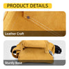 A close-up of a tan leather craft pouch with stitching and a sturdy base.