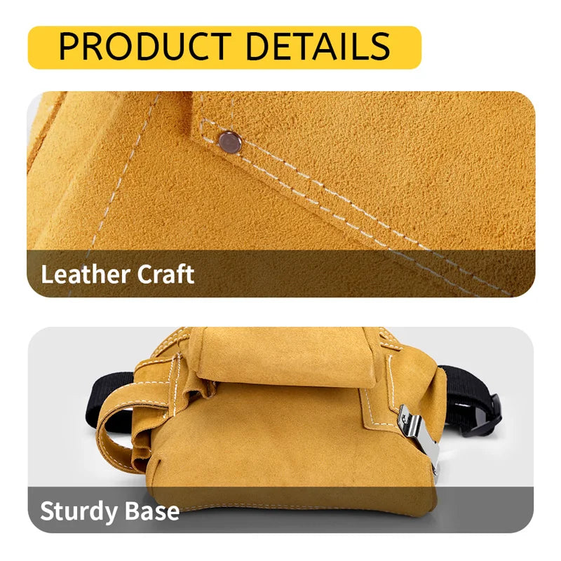 A close-up of a tan leather craft pouch with stitching and a sturdy base.