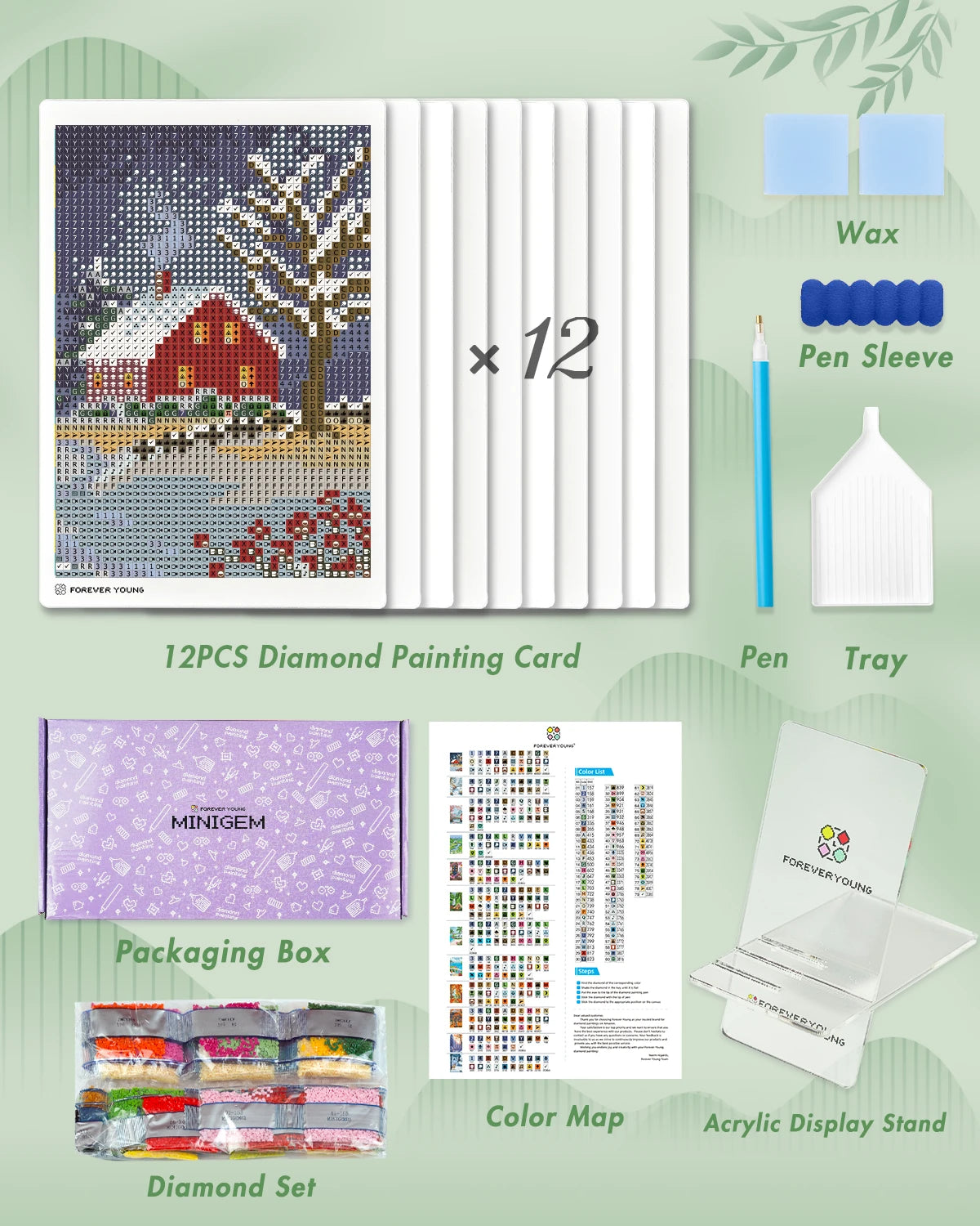 A set of 12 diamond painting cards, including paint, glue, and packaging box for a mini art kit.